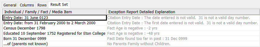 Result Set Exceptions Report